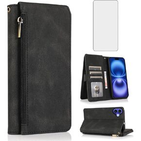 Asuwish Compatible with iPhone 16 6.1 inch Wallet Case Tempered Glass Screen Protector and Zipper Retro Leather Flip Cover Card Holder Stand Cell Accessories for i Phone16 i16 16Case Women Men Green