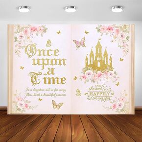 Avezano Once Upon a Time Backdrop for Girls Floral Castle Princess Fairy Tale Birthday Party Decoration Flowers Butterfly Storybook Theme Photography Background for Baby Shower (Pink, 7x5ft)