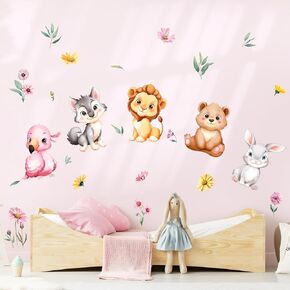 Jungle Animals Wall Decals Pink Flamingo Bear Lion Rabbit Tropical Leaves Flowers Wall Stickers Peel and Stick Wall Art for Kids Girls Bedroom Living Room Nursery Playroom Classroom Wall Decor