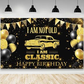 Black Gold Birthday Backdrop for Men I'm Not Old I'm Classic Photography Background Classic Car Birthday Party Decorations Banner Photo Studio Props 70.8 x 43.3 inch