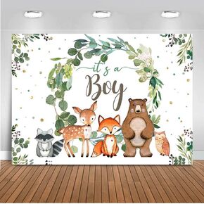 Mocsicka Woodland Baby Shower Backdrop 7x5ft It's a Boy Greenery Wreath Fox Bear Photo Backdrops Safari Jungle Animals Boy's Baby Shower Photography Background
