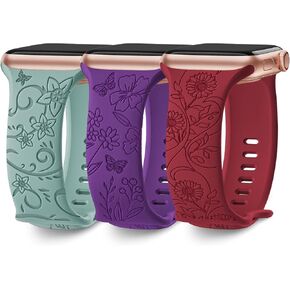 3 Pack Floral Engraved Bands Compatible with Apple Watch Band 40mm 41mm 38mm 42mm 44mm 45mm 49mm Women,Soft Silicone Cute Wildflowers Sport Laser Strap for iWatch Bands Series Ultra SE 8 6 5 4 3 2 1