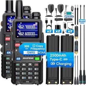 BAOFENG UV-5G Plus GMRS Radios, 5RM GMRS Handheld Radio (4 Batteries x 2500mAh)-Multi-Band,NOAA,UHF/1.25M/VHF(RX) Long Range Two Way Radio,999CH, Speaker Mic, 805S+771 Antennas-2 Pack Full kit