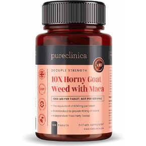 pureclinica 10X Horny Goat Weed Extract (3750mg) Maca Extract (2500mg) x 180 tablets - 10 X more Icariins and Maca - and 5mg black pepper extract for 300% increased absorption