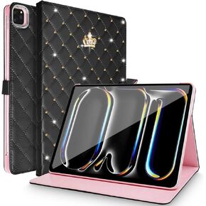 for iPad Pro 11 Inch Case M4 (2024,5th Generation),iPad Pro 11 Case,Cute Crown Bling Diamond Girly Elegant PU Leather Smart Auto Sleep/Wake Stand Protective Case for iPad Pro 11 2024,Hot Pink