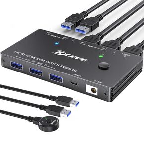USB C KVM Switch 4K@60Hz ، USB C HDMI Dual Monitor Switch Switch لـ 1 PC و 1 جهاز كمبيوتر محمول شاشة 2 و 4 أجهزة USB3.0 ، 100 واط PD لجهاز الكمبيوتر المحمول مع التحكم عن بعد السلكية وكابلات USB متضمنة