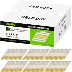 meite 30 Degree Framing Nails, 3-inch x .120-inch, Ring Shank, Paper Tape, Offset Round Head, Galvanized Framing Nails for Framing Nailers (2,000 Counts)