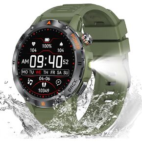 Military Smart Watch with Flashlight for Men (Answer/Make Call), Fitness Track Compatible Android & iPhone Waterproof Smartwatch with Blood Oxygen/HeartRate/Sleep/120+ Sport Modes, Amry Green