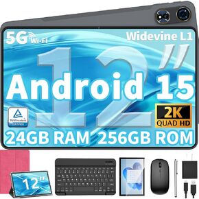 12 Inch Tablet Android 15 Tablets, 2025 Upgraded Android Tablet with Keyboard, 24GB RAM+128GB ROM(1TB Expand), Octa-Core, 2K 2000x1200 Display, 16MP Dual Camera, 8000mAh, 2.4G/5G WiFi, GPS (Black)