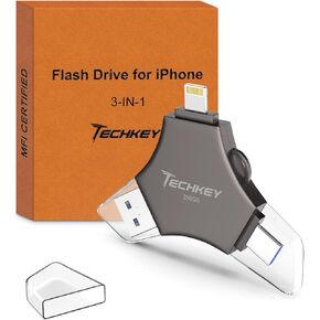 MFi Certified USB 3.0 Flash Drive 128GB for iPhone, 3in1 External Memory Photo Keeper Storage Stick for Picture/Video/Data Saver/Backup, High Speed Thumb/Jump/Hard Drives for iPhone/iPad/Android/PC