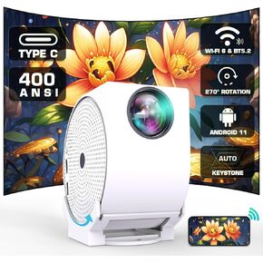 [Built-in Apps] Projector with WiFi and Bluetooth, Android Smart Projector 4K Support Portable Video Projector 270°Adjustable, 400 ANSI Lumen, Auto Keystone & Focus, Outdoor Movie Projector (2025)