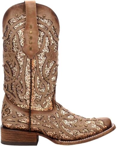 Corral Boots Womens Glitter Tooled Inlay Square Toe Casual Boots Knee High Low Heel 1-2" - Brown in Saudi Arabia
