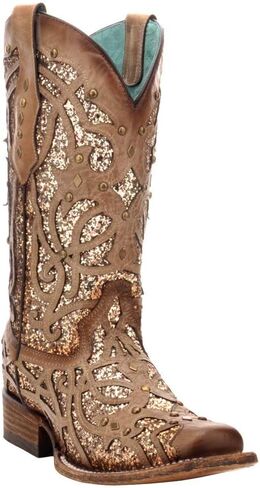 Corral Boots Womens Glitter Tooled Inlay Square Toe Casual Boots Knee High Low Heel 1-2" - Brown in Saudi Arabia