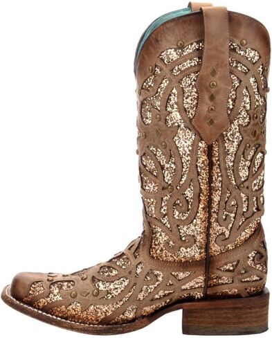 Corral Boots Womens Glitter Tooled Inlay Square Toe Casual Boots Knee High Low Heel 1-2" - Brown in Saudi Arabia