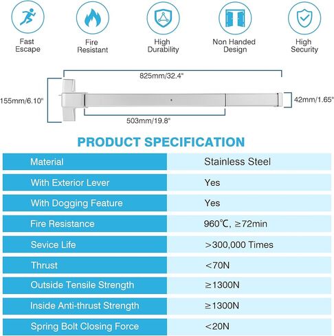 قضبان الذعر من IRONWALLS لأبواب الخروج مقاس 32 بوصة، جهاز خروج الذعر من شريط الدفع التجاري الفضي من الألومنيوم مع مقبض خارجي للباب، أجهزة باب الذعر للخروج في حالات الطوارئ لأبواب مقاس 32 بوصة - 47 بوصة in Kuwait