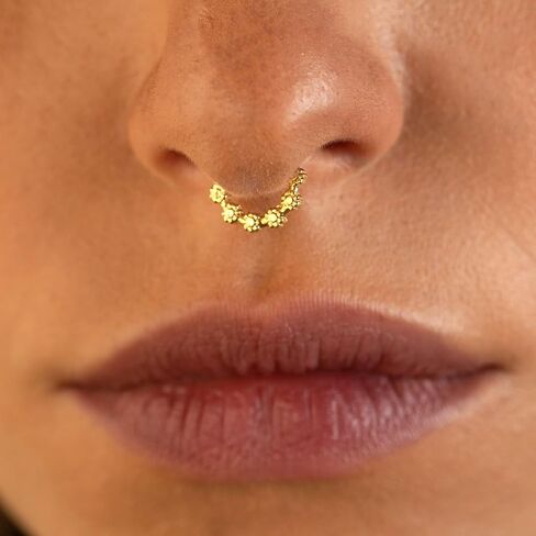Gold Nose Hoop, Unique Indian Tribal Gold Plated Hoop Ring Piercing Jewelry, Flowers Shaped, fits also Daith, Septum, Cartilage, Helix and Tragus, 18g, Handmade in Saudi Arabia