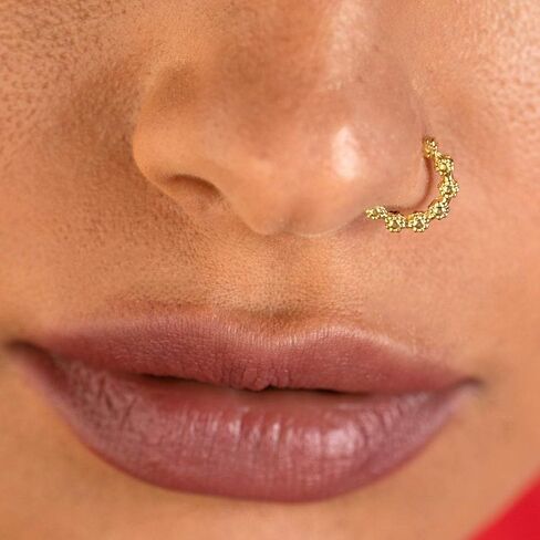 Gold Nose Hoop, Unique Indian Tribal Gold Plated Hoop Ring Piercing Jewelry, Flowers Shaped, fits also Daith, Septum, Cartilage, Helix and Tragus, 18g, Handmade in Saudi Arabia