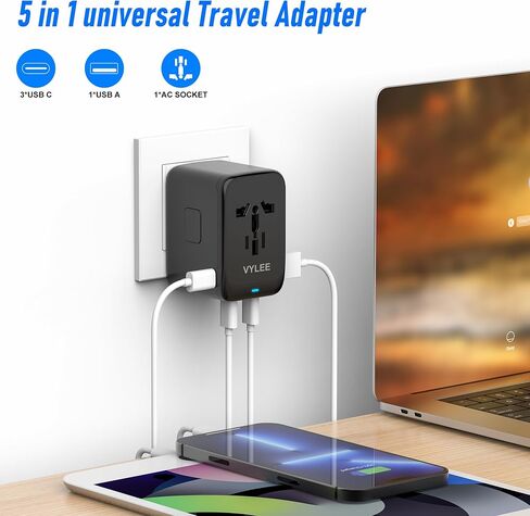 Universal International Power Travel Plug Adapter, 5 in 1 European Travel Plug Adapter W/ 3.5A 2xUSB-A and 2xUSB C Wall Charger and Worldwide AC Outlet for Europe USA UK AUS Asia (Black Grey) in Saudi Arabia