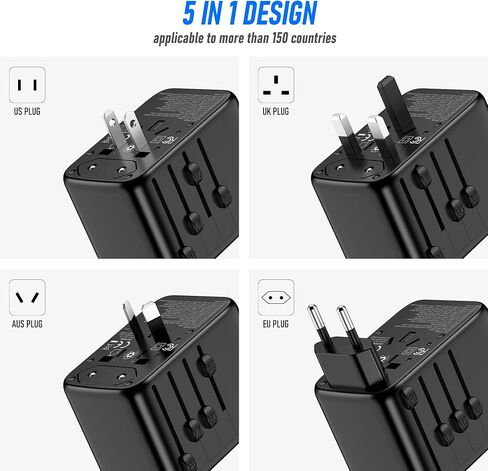 Universal International Power Travel Plug Adapter, 5 in 1 European Travel Plug Adapter W/ 3.5A 2xUSB-A and 2xUSB C Wall Charger and Worldwide AC Outlet for Europe USA UK AUS Asia (Black Grey) in Saudi Arabia