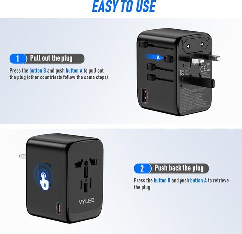 Universal International Power Travel Plug Adapter, 5 in 1 European Travel Plug Adapter W/ 3.5A 2xUSB-A and 2xUSB C Wall Charger and Worldwide AC Outlet for Europe USA UK AUS Asia (Black Grey) in Saudi Arabia