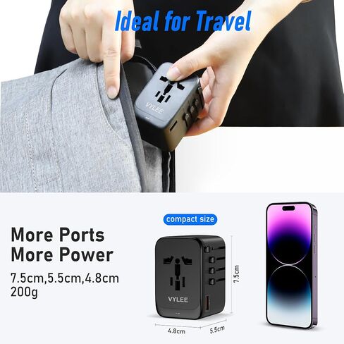Universal International Power Travel Plug Adapter, 5 in 1 European Travel Plug Adapter W/ 3.5A 2xUSB-A and 2xUSB C Wall Charger and Worldwide AC Outlet for Europe USA UK AUS Asia (Black Grey) in Saudi Arabia