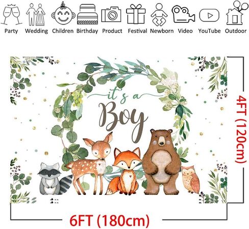 Mocsicka Woodland Baby Backdrop 7x5ft إنه صبي خضراء الزهور ثعلب الثعلب Bear Backdrops Safari Jungle Animals Boy's Boy Dame Promosure in Saudi Arabia