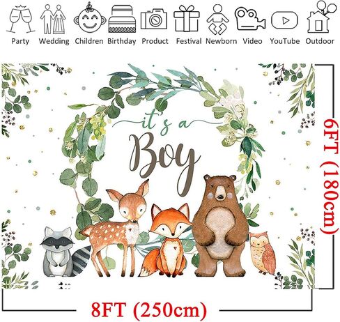 Mocsicka Woodland Baby Backdrop 7x5ft إنه صبي خضراء الزهور ثعلب الثعلب Bear Backdrops Safari Jungle Animals Boy's Boy Dame Promosure in Saudi Arabia