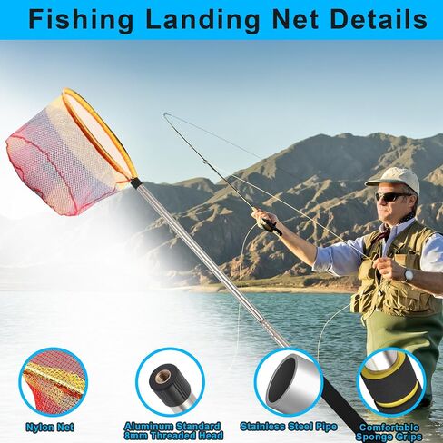 Fishing Landing Net, Fishing Net with Handle for Fishing with Splicing Extension Pole Handle Sturdy Stainless Steel Tubes Comfortable Sponge Handle, yellow in Saudi Arabia