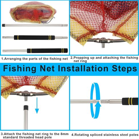 Fishing Landing Net, Fishing Net with Handle for Fishing with Splicing Extension Pole Handle Sturdy Stainless Steel Tubes Comfortable Sponge Handle, yellow in Saudi Arabia