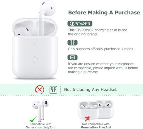 CivPower Wireless Charge Case متوافق مع AirPods 1 2 ， استبدال حالة الشاحن Air Pods مع زر مزامنة الاقتران Bluetooth ， لا توجد أيبودس (أسود) in Kuwait