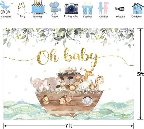 Glawry Noah's Ark Backdrop 7Wx5H FEAT BOHO EUCALYPTUS يترك الكرتون غابات الحيوانات غابة الأطفال حديثي الولادة استحمام عيد ميلاد ديكورات حفلة التصوير الفوتوغرافي in Kuwait