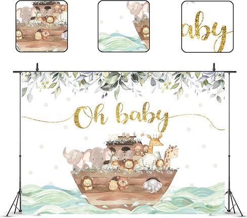 Glawry Noah's Ark Backdrop 7Wx5H FEAT BOHO EUCALYPTUS يترك الكرتون غابات الحيوانات غابة الأطفال حديثي الولادة استحمام عيد ميلاد ديكورات حفلة التصوير الفوتوغرافي in Kuwait