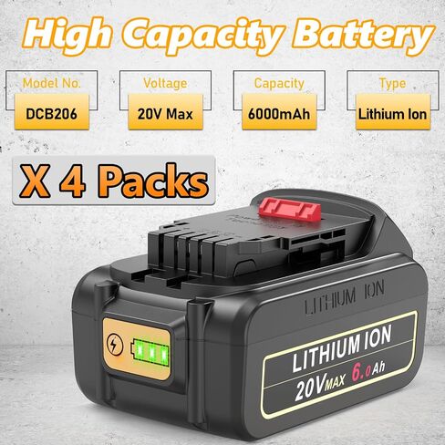 20V 6.0Ah Li-ion Battery Replace for Dewalt 20V Battery, 20V 6.0Ah High Capacity Compatible with Dewalt 20V Battery DCB206 DCB201 DCB200, for Dewalt 20V Power Tools in Kuwait
