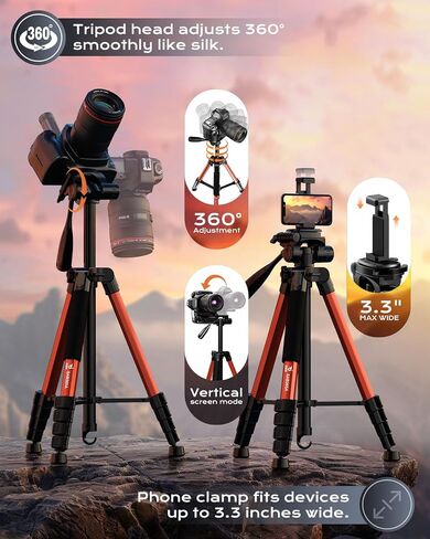 73" Camera Tripod,Tripod Stand for Camera,Compatible with GoPro/DSLR/Cell Phone/Camcorder,Aluminum Professional Tripod with Phone Holder,Travel Bag,Max Load 8.8LB (Black) in Saudi Arabia