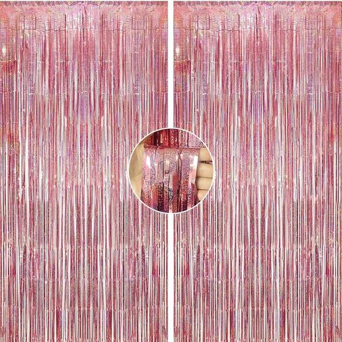 KALOR 2 Pcs 3.2ft x 8.2ft Candy Pink Metallic Shiny Tinsel Foil Fringe Curtain Photo Booth Backdrop for Birthday Party Baby Shower Wedding Graduation Party Decorations in Saudi Arabia