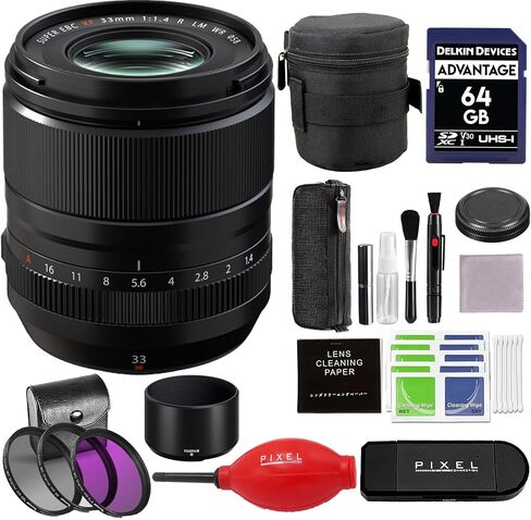 Fujifilm XF 33mm F/1.4 R LM WR BUNDLE مع قارئ البطاقة ، بطاقة SD 64GB ، علبة العدسة والإكسسوارات المتقدمة | الولايات المتحدة الأمريكية معتمدة مع ضمان Fujifilm | Fuji 33mm in Saudi Arabia