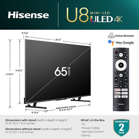 Hisense 100 بوصة من فئة U8 Series U8 Series Mini-UHD UHD Google Smart TV (100U8K)-QLED ، 480 MOTION MOTION in Kuwait