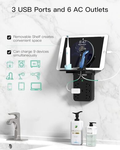 موسع منفذ الجدار مع حامي الطفرة ، 6 منافذ التيار المتردد ، الرف ، 2 موانئ شحن USB و USB C - موسع قابس المنزل والسيوم in Kuwait