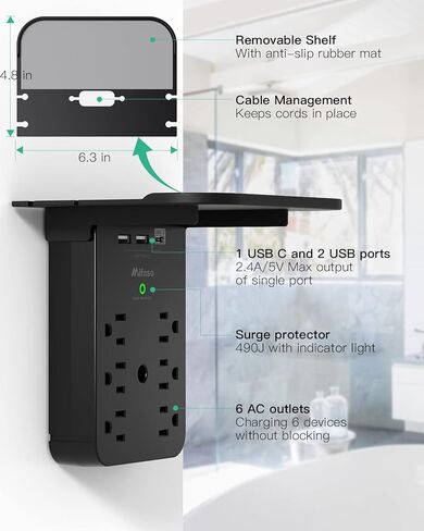 موسع منفذ الجدار مع حامي الطفرة ، 6 منافذ التيار المتردد ، الرف ، 2 موانئ شحن USB و USB C - موسع قابس المنزل والسيوم in Kuwait