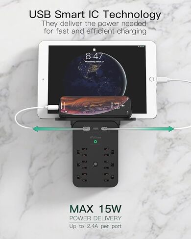 موسع منفذ الجدار مع حامي الطفرة ، 6 منافذ التيار المتردد ، الرف ، 2 موانئ شحن USB و USB C - موسع قابس المنزل والسيوم in Kuwait