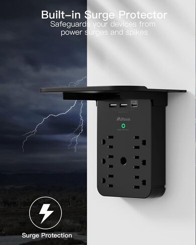 موسع منفذ الجدار مع حامي الطفرة ، 6 منافذ التيار المتردد ، الرف ، 2 موانئ شحن USB و USB C - موسع قابس المنزل والسيوم in Kuwait