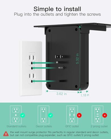 موسع منفذ الجدار مع حامي الطفرة ، 6 منافذ التيار المتردد ، الرف ، 2 موانئ شحن USB و USB C - موسع قابس المنزل والسيوم in Kuwait