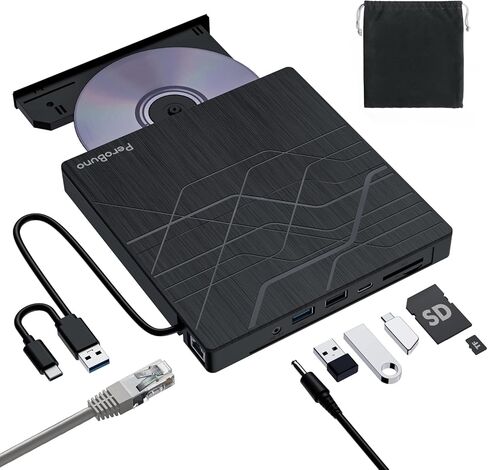 PeroBuno External CD DVD Drive, USB 3.0 Optical Disc Drive, 4 USB Ports and 2 TF/SD Card Slots, CD DVD Burner Writer Reader Player for Laptop MacBook PC Windows 11/10/8/7 Linux OS with Carrying Case in Saudi Arabia