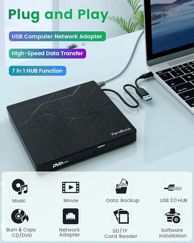 PeroBuno External CD DVD Drive, USB 3.0 Optical Disc Drive, 4 USB Ports and 2 TF/SD Card Slots, CD DVD Burner Writer Reader Player for Laptop MacBook PC Windows 11/10/8/7 Linux OS with Carrying Case in Saudi Arabia