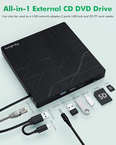 PeroBuno External CD DVD Drive, USB 3.0 Optical Disc Drive, 4 USB Ports and 2 TF/SD Card Slots, CD DVD Burner Writer Reader Player for Laptop MacBook PC Windows 11/10/8/7 Linux OS with Carrying Case in Saudi Arabia