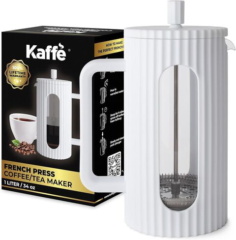 ماكينة صنع القهوة الفرنسية بالضغط من Kaffe (34 أونصة / 1 لتر) - ماكينة صنع القهوة من زجاج البوروسيليكات والبلاستيك الخالي من مادة BPA - أسود غير لامع - ماكينة صنع القهوة خفيفة الوزن للسفر والتخييم - فلتر 3 مستويات in Saudi Arabia