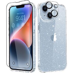 MIODIK for iPhone 14 Case with Screen Protector + Camera Lens Protector, [Non-Yellowing] Clear Glitter Phone Case, [Military-Grade Protective] Shockproof Women Cover for 6.1 Inch - Sparkle Clear