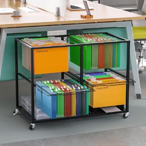 mopam File Cart with Wheels Hanging Files Folder Movable Pull-Out File Folder Rack Steel Wire Filing Cart File Organizer Cart 2-Tier Metal Rolling File Cabinet for Office 33.66x18.11x25 in