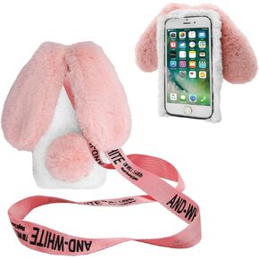 for Samsung Galaxy S23 Ultra 5G 3D Bunny Ears Plush Case with Crossbody Strap, Winter Warm Handmade Bling Diamond Soft Rabbit Fluffy Furry Fur Shockproof Protective Phone Cover, Purple