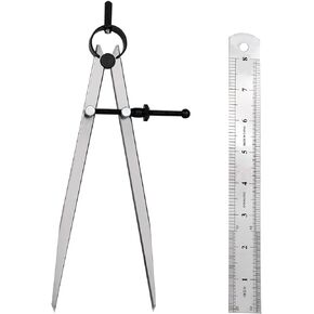 Professional Metal Compass Set, 8 Inch Adjustable Divider Leather Compass & 8 Inch Steel Ruler, Drafting Compass Tool for Leather Work, Woodworking, Metalworking, Geometry Drawing